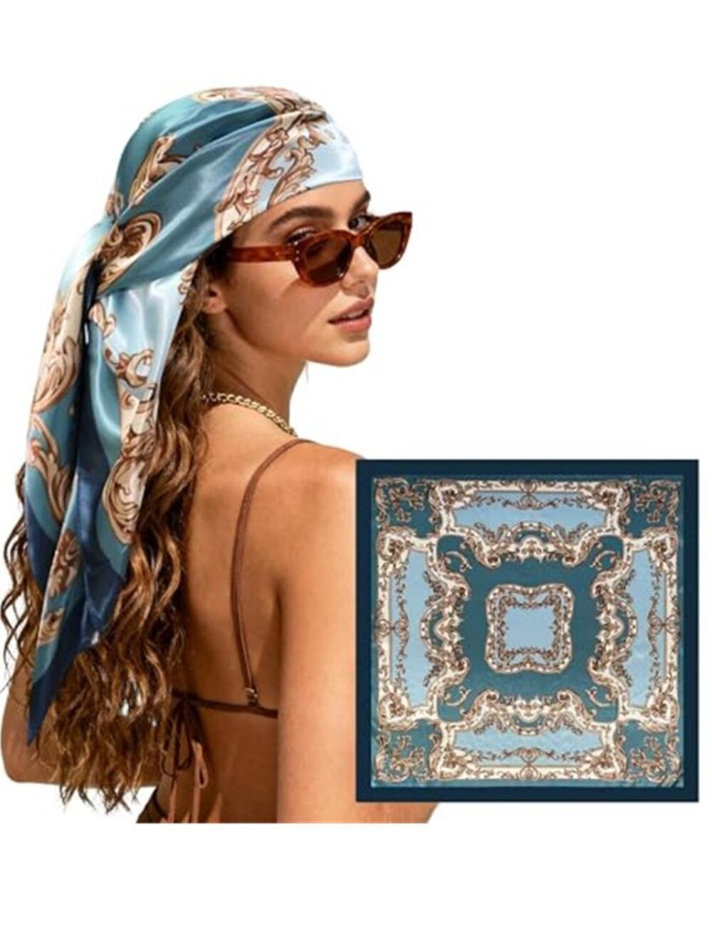 Blue 35" Square Satin Hair Scarf Polyester Silk Feel Large Head Wrap Bandana